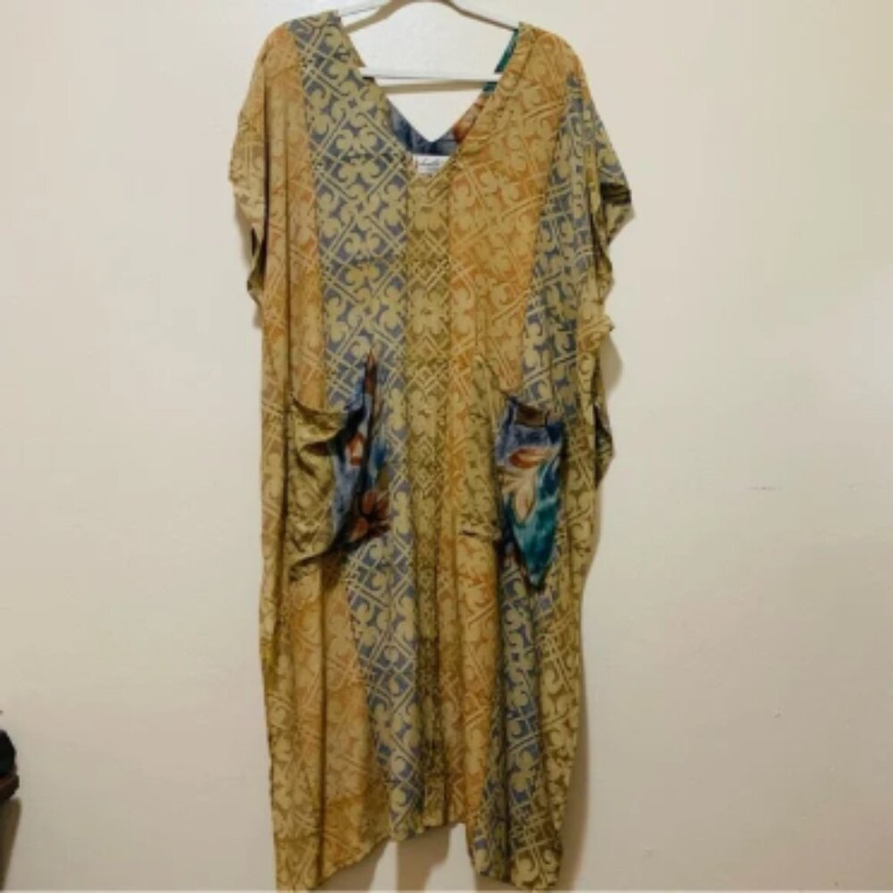 Kantha Bae Bohemian Split Front V neck Tunic Top Kaftan Dress one size